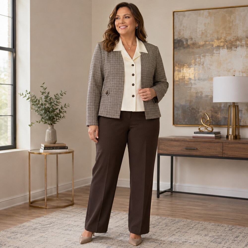 Perceptions Woman 16W 2 Pc Pantsuit Brown Plaid Jacket Ivory Blouse Career Suit